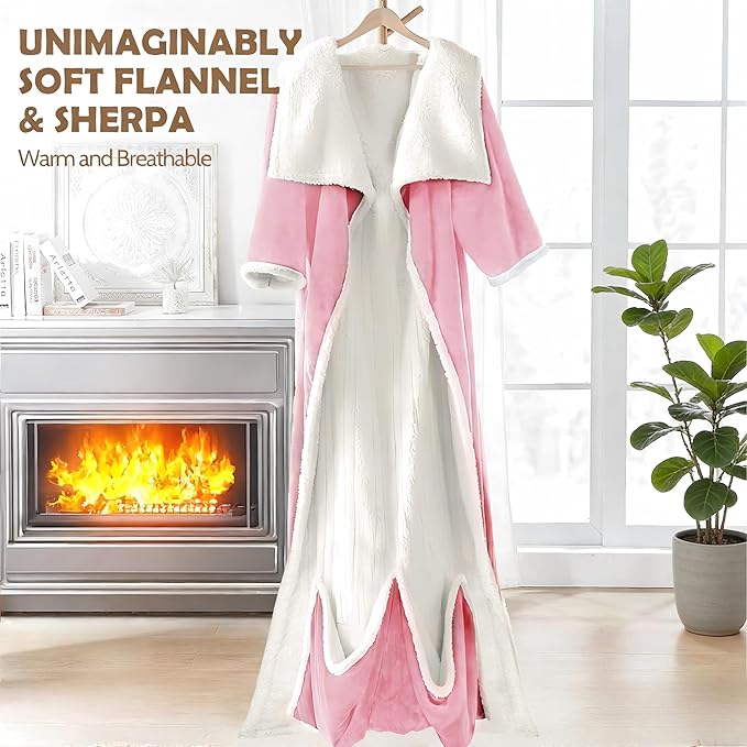 Wearable Heated Blanket with Foot Pocket, 52"x72" Electric Blanket with Sleeves for 12 Hours Timer6 Heat Settings, Flannel & Sherpa, Pink