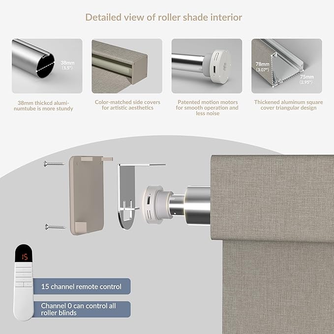 Boolegon Motorized Roller Blinds with Remote Control,Blackout Linen Fabric-Matched Automatic Roller Shades for Windows,Rechargeable Electric Window Shades for Home,Office,Light Brown,Custom Now