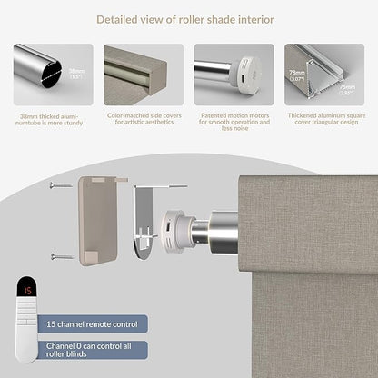 Boolegon Motorized Roller Blinds with Remote Control,Blackout Linen Fabric-Matched Automatic Roller Shades for Windows,Rechargeable Electric Window Shades for Home,Office,Light Brown,Custom Now