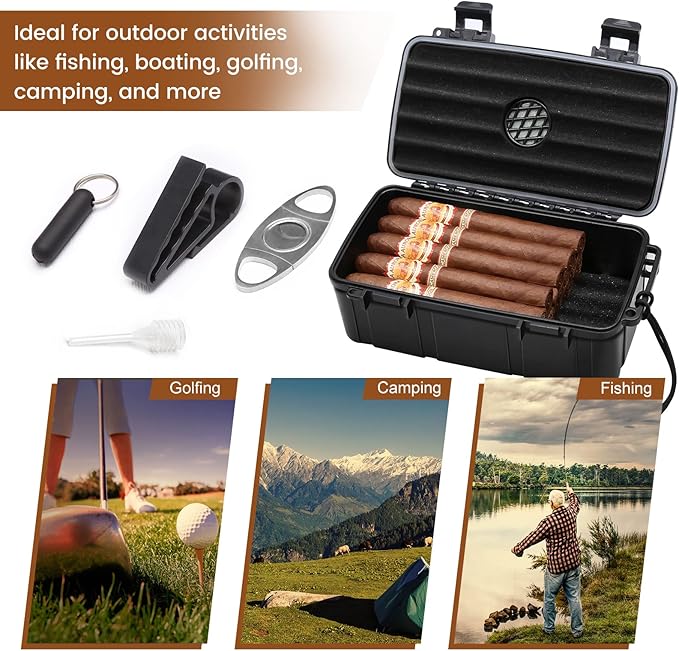 Flauno Travel Cigar Humidor - Portable Cigar Case kit with Cigar Cutter, Cigar Punch, Cigar Holder, Humidifier & Dropper, Waterproof, Crushproof, Airtight (Holds up to 15 Cigars)