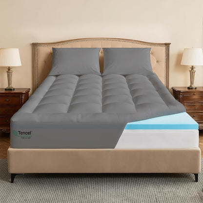 Queen Size 4 Inch Memory Foam Mattress Topper,Dual Layer Medium Support 2" Gel Memory Foam and 2" Mattress Pad for Back Pain Relief,Tencel Fabric,CertiPur-US Certified,Gray