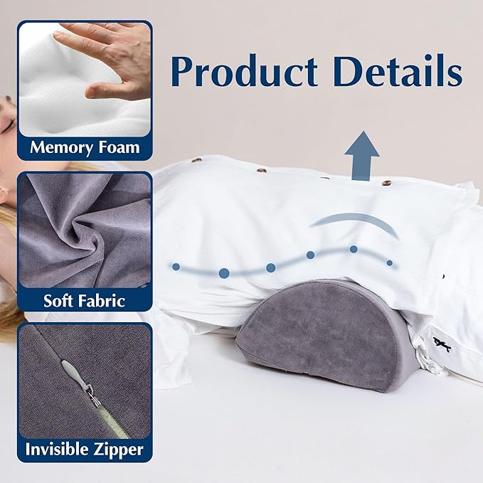 Knee Pillow for Back Sleeping, Pain Relief Memory Foam Bolster Pillow for Legs, Under Knee & Bed, Roll Round Support Wedge Pillow, Large Half Moon Pillow Ideal for Massage Table, Grey