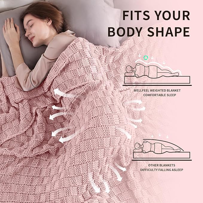 Knitted Weighted Blanket Adult, No Beads Heavy Blanket 50” x 60'' 5lbs, Breathable Chunky Knit Blanket, Cooling Weighted Blanket for Hot Sleepers, Christmas Home Decor (HoneyPink)