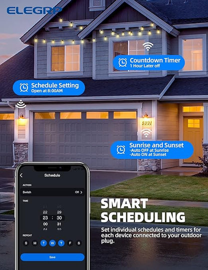 ELEGRP PQR20 Outdoor Smart Plug Waterproof IP66, WiFi Plug with 2 Individually Sockets, Compatible with Alexa & Google Assistant, Smart Outdoor Outlet for String Lights, UL Certified, 2 Pack, Black