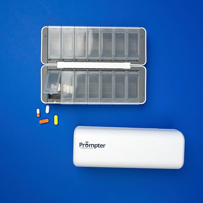 Prompter Connected Pillbox, Smart Pill Reminder Management with Lights, Cell Alerts, Caregiver Monitoring and Notifications for Potential Missed Doses, Organize Pills and Stay Organized