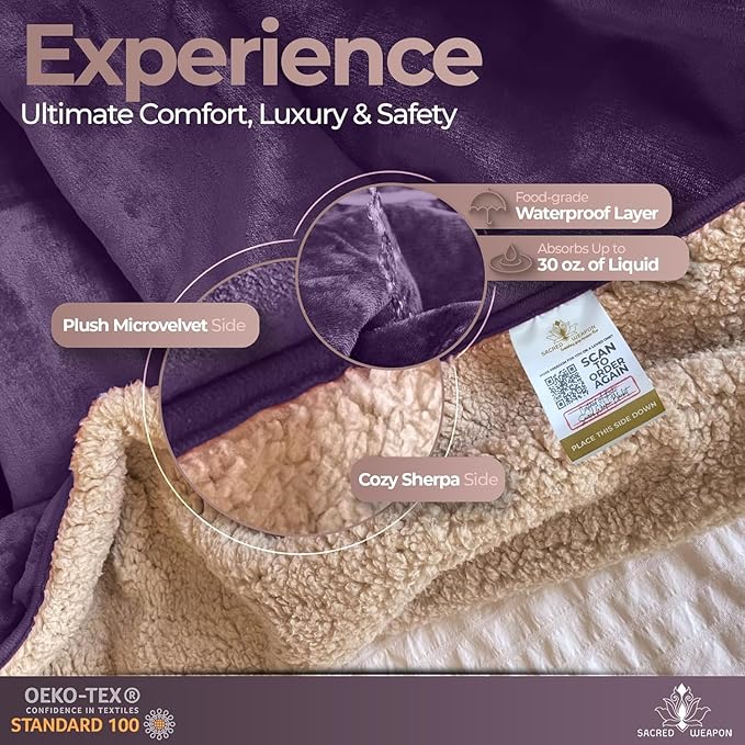 Sacred Weapon Waterproof Blanket for Bed – Mini Sherpa & Fleece Throw – Waterproof Blanket for Couch Cover & Mattress Protector, Absorbent, Washable, Spill Proof – Travel Blankets (Purple, 40x45)