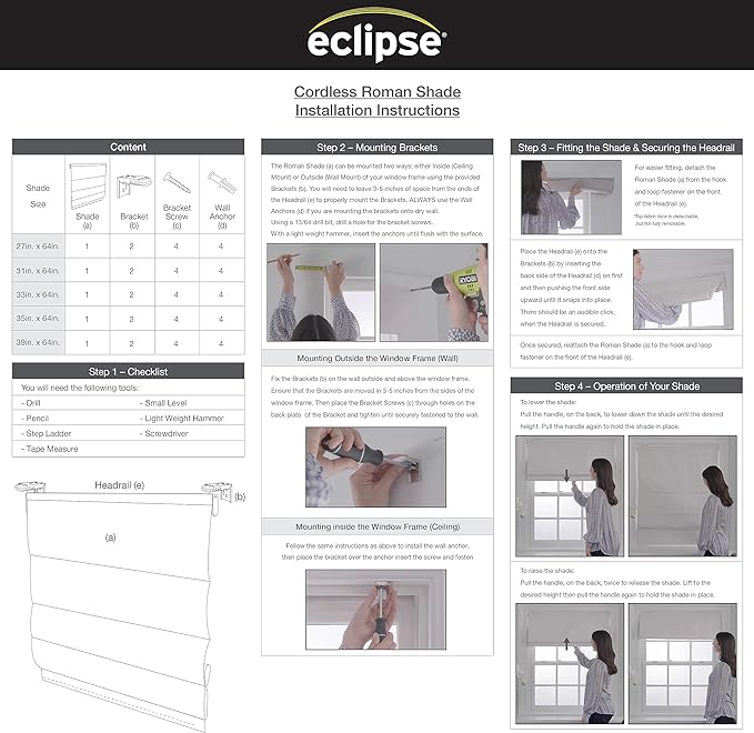 Eclipse Drew Roman Shades for Windows, Cordless 100% Blackout Shades, 23 in Wide x 64 in Long, Noise Reducing, Energy Efficient and Textured Solid Window Shades for Living Room, Bedroom, Ivory