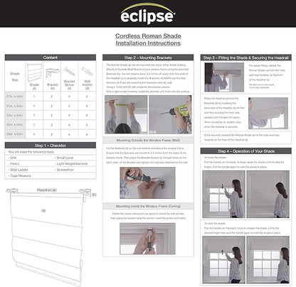 Eclipse Drew Roman Shades for Windows, Cordless 100% Blackout Shades, 23 in Wide x 64 in Long, Noise Reducing, Energy Efficient and Textured Solid Window Shades for Living Room, Bedroom, Ivory