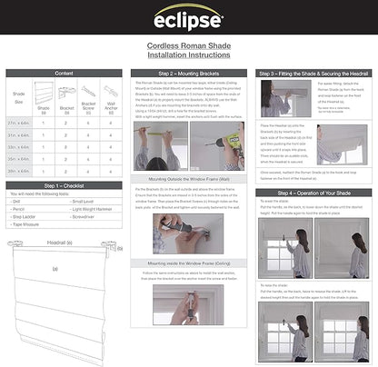 Eclipse Kylie 100% Blackout Window Roman Shade, 23 in Wide x 64 in Long, Cordless, Thermal and Noise Reducing Interior Shade Window Treatment for Home Privacy & Energy-Efficiency, Grey