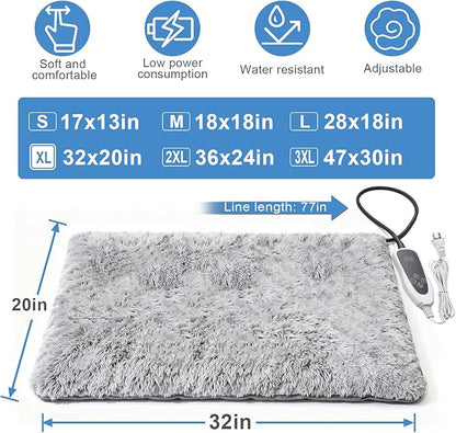 Dog Heating Pad, 32×20 in with Smart Thermostat Switch and Power Line Protection Tube,Obtained MET and UL Dual Certification,Waterproof Pet Heating Pad with Long Velvet Cloth Cover