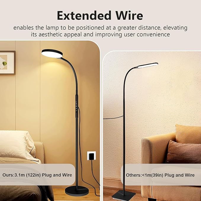 Daylight Floor & Desk Lamp – 11,000 Lux UV-Free Full Spectrum Light, 5 Color Temperatures & 10 Brightness Levels, 360° Gooseneck Lamp for Home Office, Bedroom & Reading (Black)