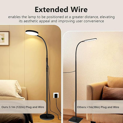 Daylight Floor & Desk Lamp – 11,000 Lux UV-Free Full Spectrum Light, 5 Color Temperatures & 10 Brightness Levels, 360° Gooseneck Lamp for Home Office, Bedroom & Reading (Black)