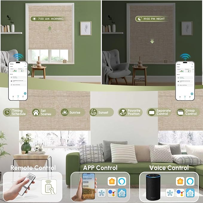 FineTell Motorized Blinds with Remote, 100% Blackout Roller Shades Compatible with Alexa,Apple Homekit,Google Home APP and Voice Control, Customized Electric Blinds (100% Blackout Linen Caramel)
