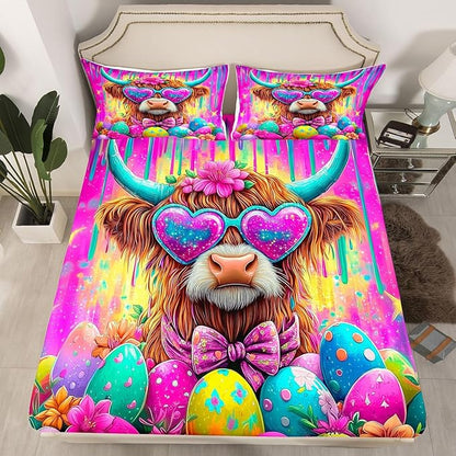 Highland Cattle Fitted Sheet Twin Size Funny Animal Happy Easter Bedding Set for Kids Bedroom Cartoon Funny Animal Bed Sheet Set 2pcs Purple Colorful Deep Pocket Mattress Cover,No Top Flat