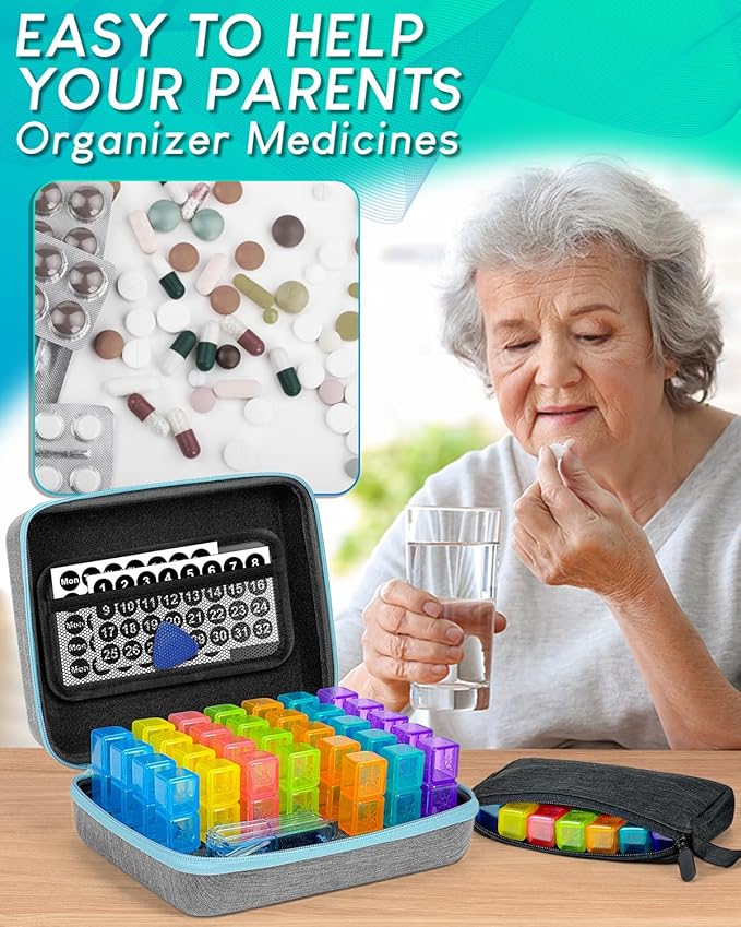 Monthly Pill Organizer 2 Times a Day with Weekly Pill Bags, Portable Hard Shell Case, Pill Cutter & Opener Pick, Monthly and Weekly Stickers for Medication Management (Blue, 3 Times a Day)