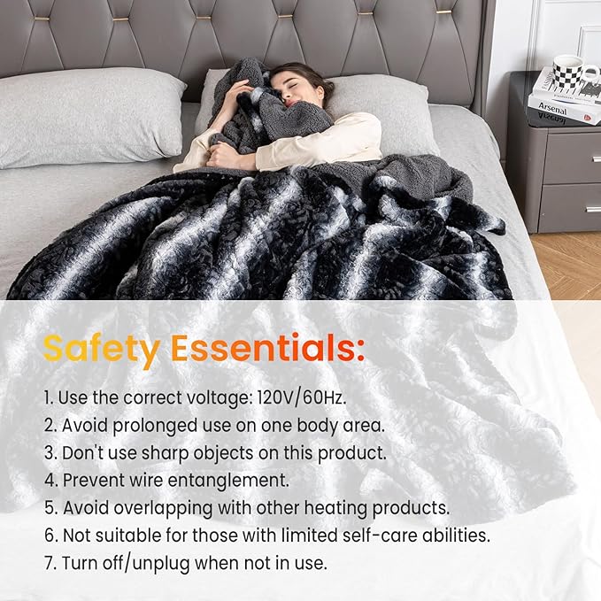 WOOMER Heated Blanket Full Size 77" x 84", Electric Blanket with a Control, 0.5-12 Hours Timer & 10 Heating Levels, ETL Certified, Black Grey Flowers Patterns Faux Fur & Sherpa, Machine Washable