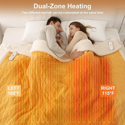 Electric Blanket Queen Size 84"X90" Yellow - Soft Thick Warm Sherpa Heated Blanket for Winter with Dual Control, 5 Heating Levels & 10hrs Auto Off for Women, Overheat Protection for Bed