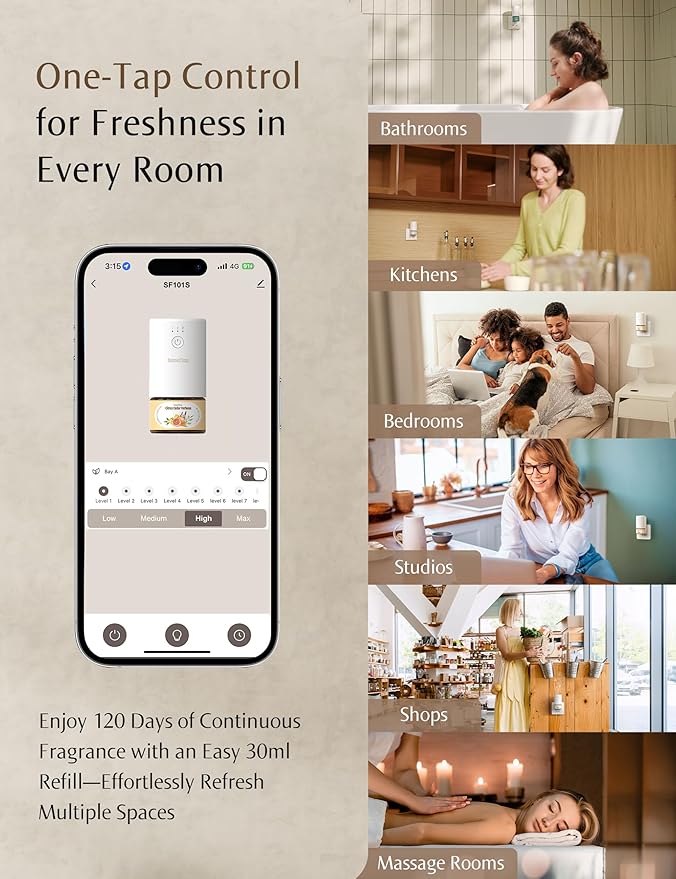 SF101S Pro Smart Waterless Essential Oil Diffuser, Plug in Aromatherapy Diffuser & Non-Toxic air Freshener, 120-Day Natural Aroma Mist, Covers 1000 Sq Ft- Free 30ml Australian Sandalwood