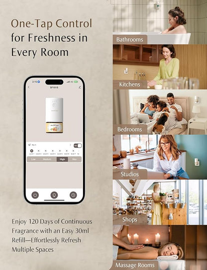 SF101S Pro Smart Waterless Essential Oil Diffuser, Plug in Aromatherapy Diffuser & Non-Toxic air Freshener, 120-Day Natural Aroma Mist, Covers 1000 Sq Ft- Free 30ml Himalayan Cedarwood