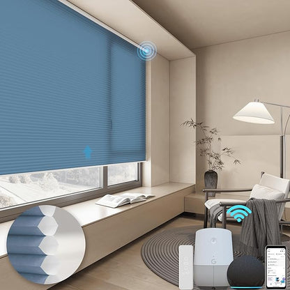 Motorized Cellular Shades with Remote, Light Filtering Smart Cellular Shades Compatible with Alexa, Honeycomb Window Blinds for Bedroom Home Office, Custom Size, Half Shading Blue