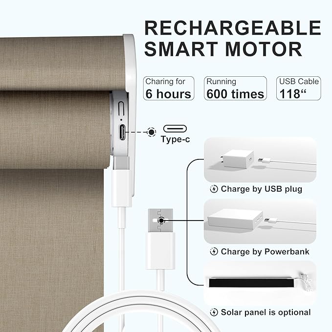 BERISSA Motorized Blinds with Remote,Blackout Smart Roller Shades with App,Voice Control,Linen Fabric,Thermal Insulated Automatic Blinds,Electric Shades with USB/Solar Pannel.Double-Sided Brown