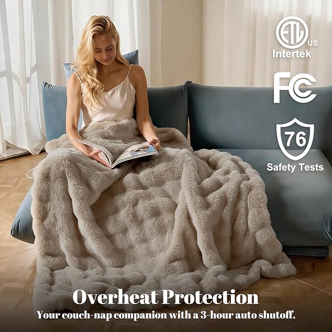 IUUI Electric Heated Blanket Queen 84''x90'',Luxury Faux Rabbit Fur Heating Throw Blankets,Fast Heating with 1/2/4/6/8/10 Hours,Overheat Protection, Quick Heating, Memory Function, Gift-Ready Design
