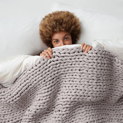 Bearaby Cotton Hand-Knit Weighted Blankets for Adults - Chunky Knit Blanket - Sustainable, Breathable, Organic, Cooling Weighted Blanket - Machine Washable (Moonstone Grey, 15 lbs, 40"x72")