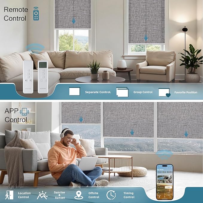 Motorized Roller Shades,Motorized Light Filtering Shades Compatible with Homekit Alexa Google,70% Blackout Smart Blind with Remote,Electric Shades for Home Office,Texture Midnight