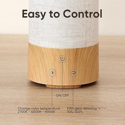 Light Therapy Lamp, Happy Lamp 10,000 LUX UV Free with 3 Color Temperature & 5 Brightness Level, Full Spectrum Light Wood Base Round Flaxen Fabric Shade for Living Room, Desk, Office