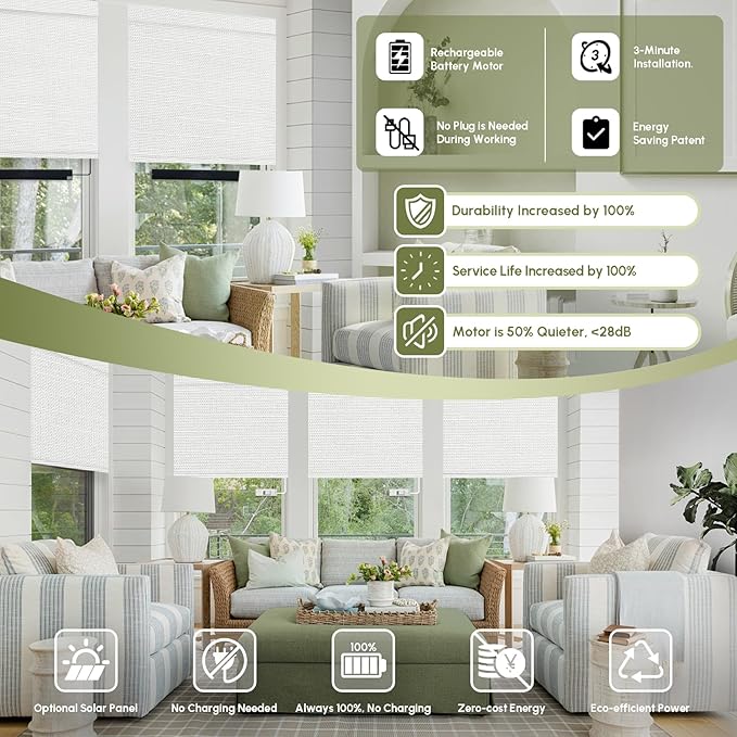 FineTell Motorized Blinds with Remote, 100% Blackout Roller Shades Compatible with Alexa,Apple Homekit,Google Home APP and Voice Control, Customized Electric Blinds (100% Blackout Dreamy White)
