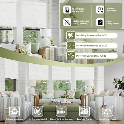 FineTell Motorized Blinds with Remote, 100% Blackout Roller Shades Compatible with Alexa,Apple Homekit,Google Home APP and Voice Control, Customized Electric Blinds (100% Blackout Dreamy White)