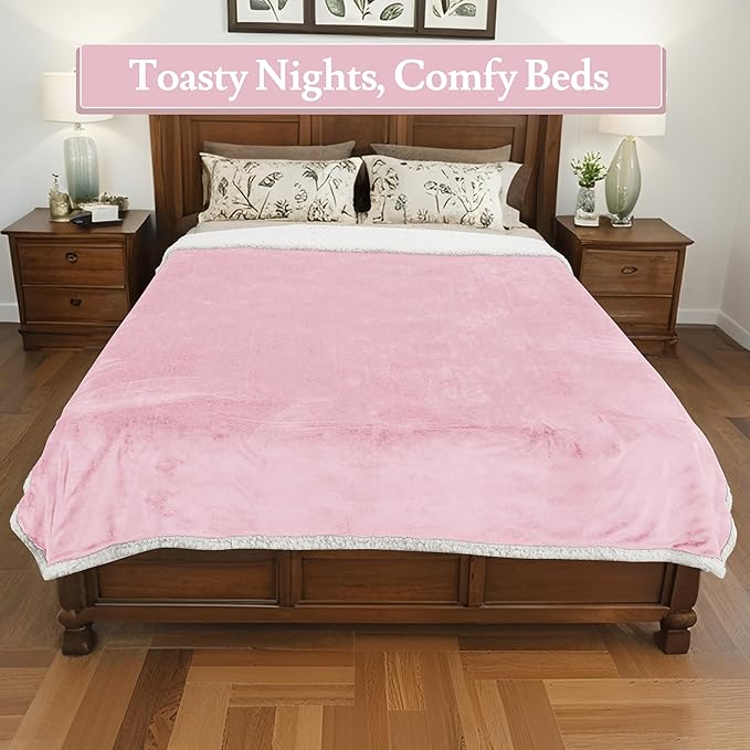 Electric Heated Blanket 62"x84" Twin Size Flannel & Sherpa - 4 Heat Settings & 10H Auto Shut Off for Safe Overnight Use, Fast Heating, Machine Washable for Bed, Couch, Office - Pink