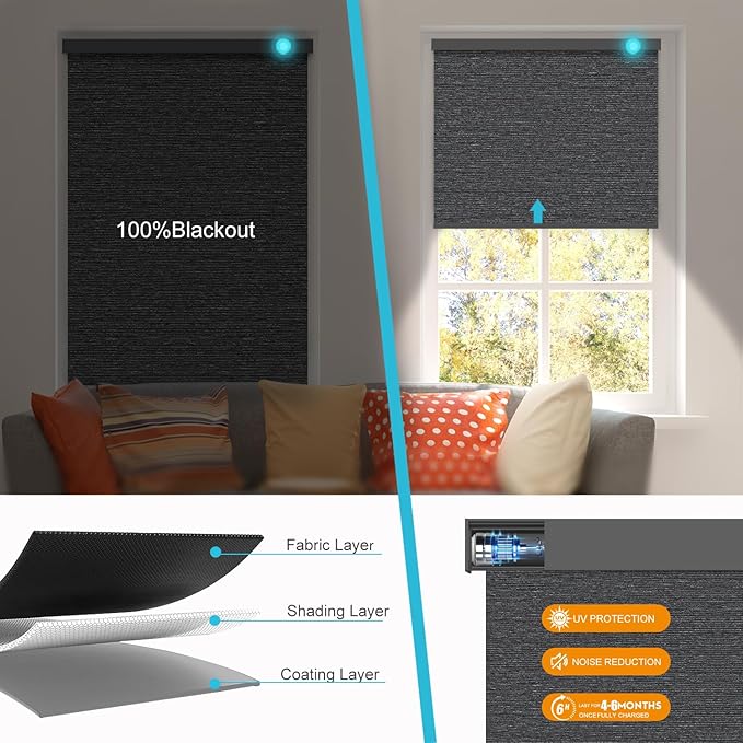 Motorized Blinds with Remote, Smart Blind Roller Shades Compatible with Alexa, Durable Rechargeable Battery Solar Power Electric Window Blinds Motorized Shades Customized Size (Luxury-Black)