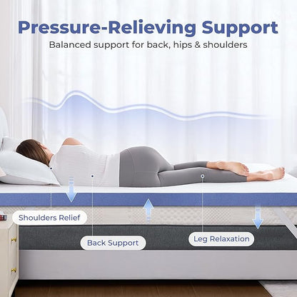 BDEUS 2 Inch Gel Memory Foam Mattress Topper Queen Size, Cooling Mattress Topper for Back Pain Relief, Non-Slip Design with Removable & Washable Soft Bamboo Cover.