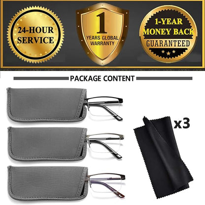 JJWELL 3 Pack Mens Reading Glasses Blue Light Blocking, Metal Rectangle Semi Rimless Readers for Men, Anti Eyestrain/Computer Glare/UV, Half Frame Spring Hinge Eyeglasses with Pouches(3.00)