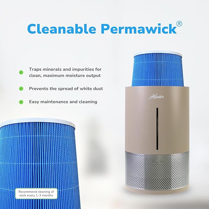 HHE150 Hunter Aspire 4.8L Evaporative Humidifier with PermaWick Filter (4.8L) - Remove Contaminants & White Dust for Clean Mist & Air – Medium Humidifier for Home, Bedroom, or Dorm - Taupe