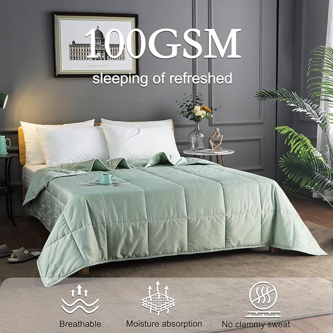 YOUR MOON Summer Lightweight Wool Comforter - Breathable & Thin Duvet Insert for Hot Sleepers, 100% Australian Wool Filling 100gsm with Pure Cotton Shell-King Size (Green)