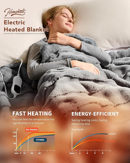 Homemate Electric Heated Throw Blanket - 50"x60" Luxury Faux Fur Heating Bed Blankets with 10 Heating Levels 8 Hours Auto Off Fast Heating Over-Heated Protection Ultra Soft Warm Flannel ETL Certified