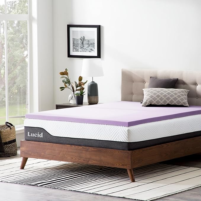 Lucid 2 Inch Lavender Memory Foam Mattress Topper, Twin XL Size – Essential Oil Infusion – Plush Feel, Pressure-Relieving Bed Topper – Ventilated and Breathable – CertiPur Certified