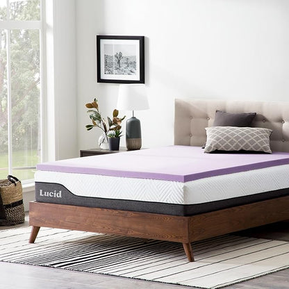 Lucid 2 Inch Lavender Memory Foam Mattress Topper, Twin Size – Essential Oil Infusion – Plush Feel, Pressure-Relieving Bed Topper – Ventilated and Breathable – CertiPur Certified