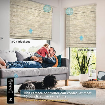 SmartWings Motorized Blinds Natural Woven Wood Shades for Windows Work with Matter Thread Homekit Z-Wave Alexa Google, Electric Auto Roman Shades Cordless Remote Control Customized, Kenaf 010