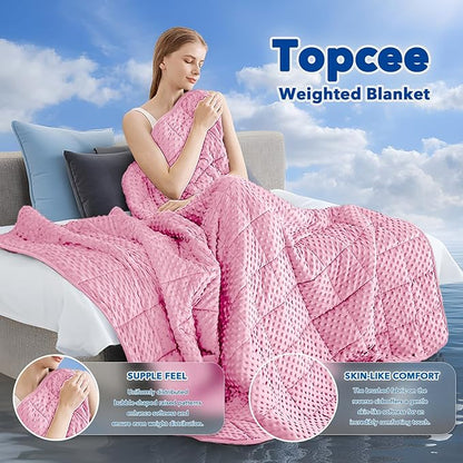 Topcee Weighted Blanket for Adults (12lbs 48"x72"), Minky Dots Heavy Blanket for 110-130lbs Sleeping, Soft, Cozy and Cooling Weighted Throw Blankets, Machine Washable, Pink
