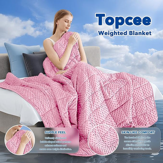 Topcee Weighted Blanket for Adults (12lbs 48"x72"), Minky Dots Heavy Blanket for 110-130lbs Sleeping, Soft, Cozy and Cooling Weighted Throw Blankets, Machine Washable, Pink