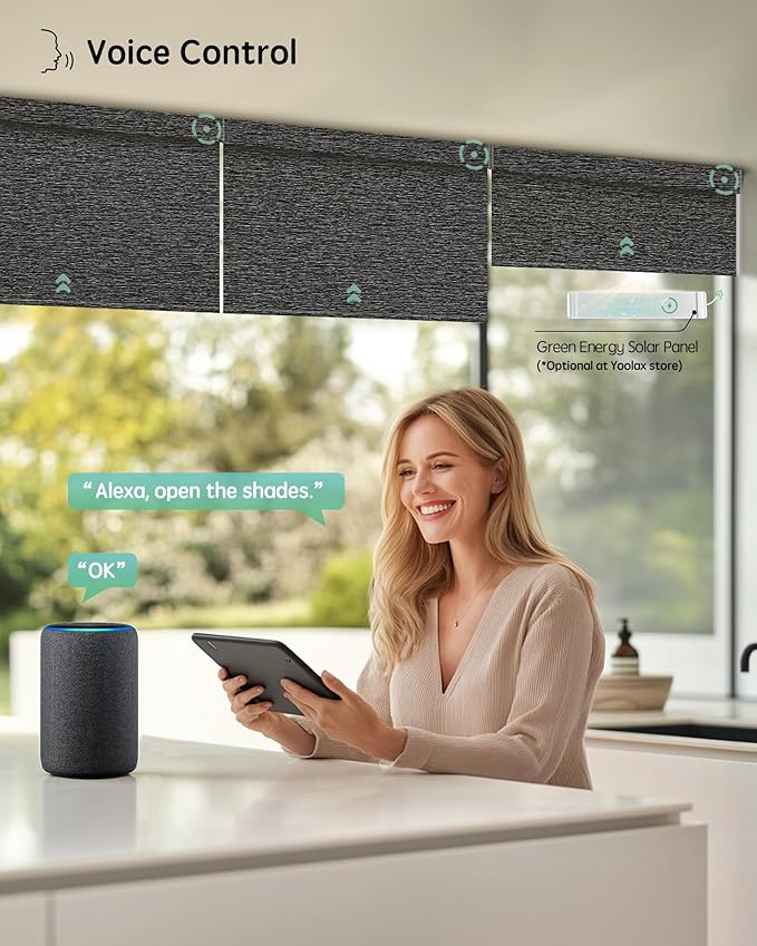 Yoolax Motorized Blinds with Remote, Smart Blinds for Windows Blackout Automatic Shades Compatible with Alexa Remote Control Roller Window Shades with Valance, Custom Size (V-Shimmer Horizontal Black)