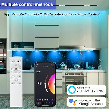 4 PCS Aluminum Round WiFi RGB Under Cabinet Lights Kit,Work with Alexa,Goog le Assistant,App and 2.4G RF Remote,Music Sync LED Light with Timmer Dimmable Under Counter Lights for Kitchen Bedroom
