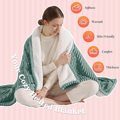 Heated Blanket Electric Throw 50"x60" Heating Blanket 450gsm Ribbed Flannel Sherpa Ultra-Soft with 5 Heating Levels and 4 Hour Auto Off, ETL & FCC Certified Electric Blanket, Great Winter Gift, Green