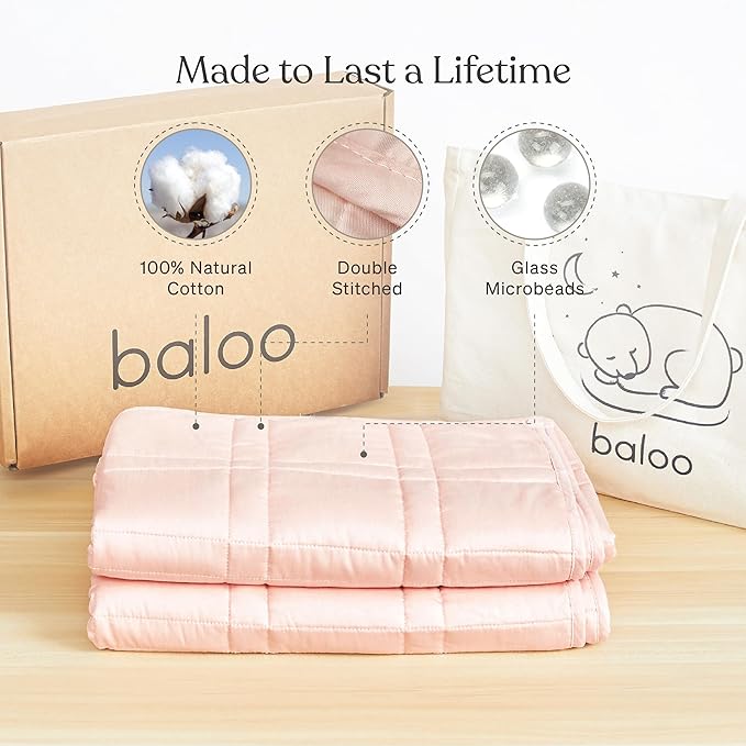 Baloo Weighted Blanket for Kids and Adults (Petal Pink - 9lbs 40"x60" - Mini Size) | Cooling & 100% Cotton Material | Machine Washable & Dryer Safe | with Glass Microbead Fill