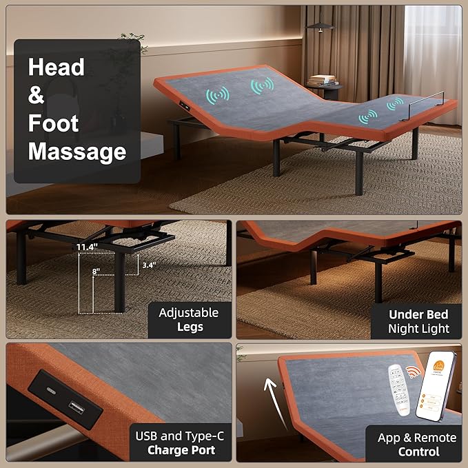ESHINE Adjustable Bed Frame - Queen Bed Base with Massage, Pillow-tilt, Smart APP Control, Ergonomic Incline, Zero Gravity, Dual USB Port, Under Bed Light, Wireless Remote, 5000 Series