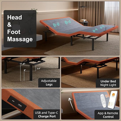 ESHINE Adjustable Bed Frame - Split King Bed Base with Massage, Pillow-tilt, Smart APP Control, Ergonomic Incline, Zero Gravity, Dual USB Port, Under Bed Light, Wireless Remote, 5000 Series