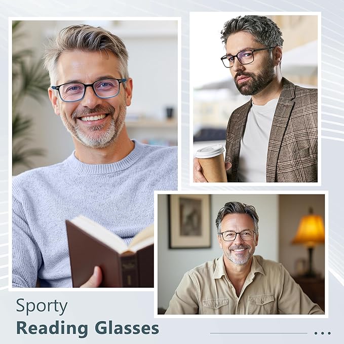 EASY READ 2 Pairs Sporty Style Reading Glasses for Men，Rectangular TR90 Blue Light Blocking Readers with Spring Hinge